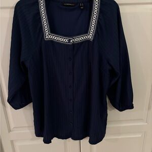 - Isaac Mizrahi navy button up. Square neck embroidered‎ neck size small